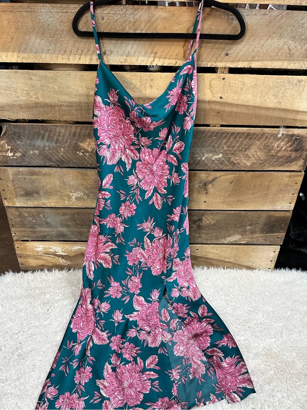Derek Heart Teal Maxi Slip Dress with Pink Floral Print